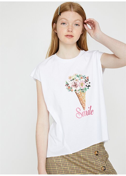 Koton Çiçek Baskılı Ekru Kadın T-Shirt 2