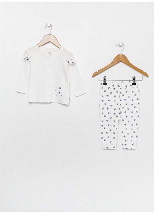 Bibaby Bisiklet Yaka Uzun Kol Pati Desenli Cepli Beyaz Bebek Pijama Takımı 1