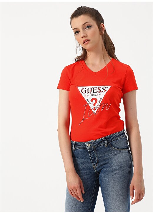 Guess Baskılı Yazılı Kırmızı T-Shirt 3
