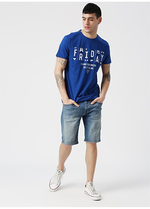 Koton Baskılı Mavi Bisklet Yaka T-Shirt 2