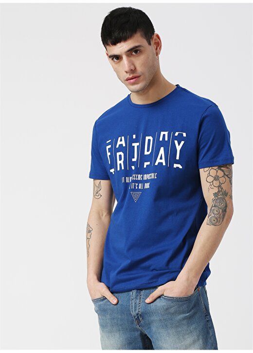 Koton Baskılı Mavi Bisklet Yaka T-Shirt 3