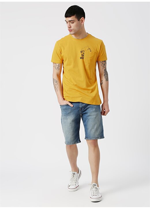 Koton Sarı Baskılı Bisiklet Yaka T-Shirt 2