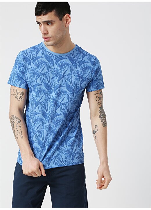 Koton Desenli Mavi Bisiklet Yaka T-Shirt 3