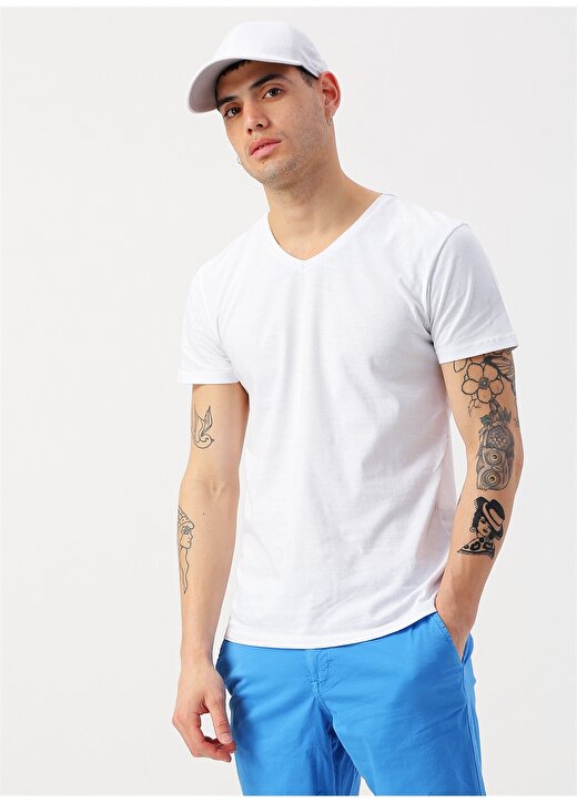 Koton V Yaka Beyaz Basic T-Shirt 3