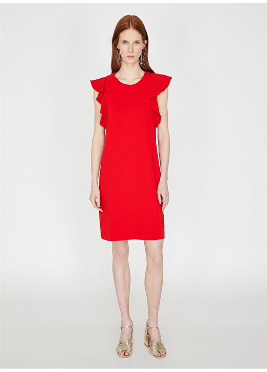 Koton Kolları Fırfırlı Kırmızı Elbise 4