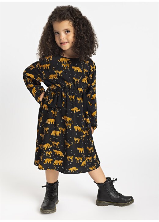 Limon Siyah Desenli Kız Çocuk Elbise 1