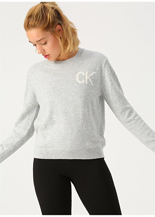 Calvin Klein Jeans Açık Gri Kadın Kazak INTARSIA CK JEANS LOGO SWEATER 3