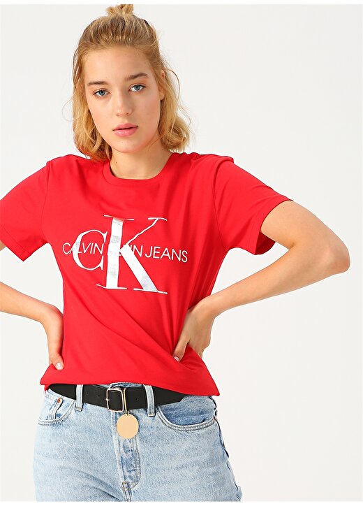 Calvin Klein Jeans Nar Çiçeği Kadın T-Shirt METALLIC MONOGRAM SLIM TEE 3