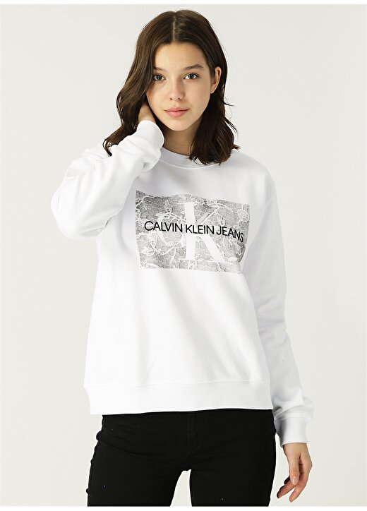 Calvin Klein Jeans Beyaz Kadın Sweatshirt MONOGRAM LACE BOX CN 1