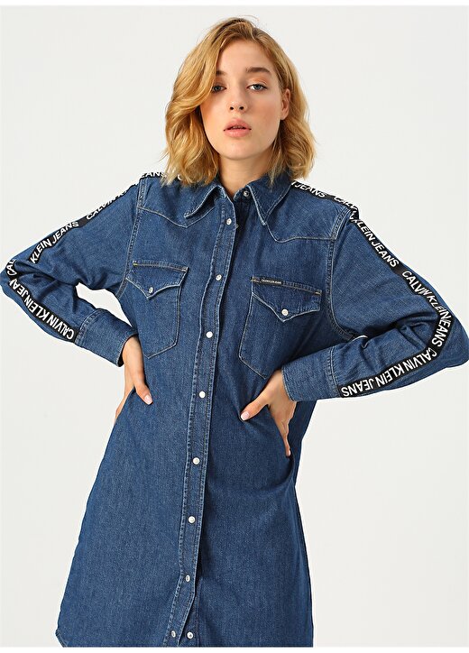 Calvin Klein Jeans Açık Mavi Kadın Elbise FOUNDATION WESTERN DRESS 2