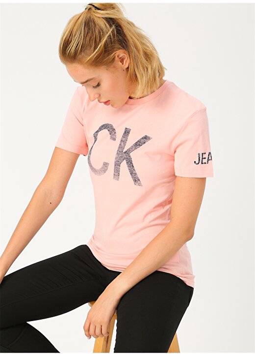 Calvin Klein Jeans Pembe Kadın T-Shirt REVERSED CK LOGO MODERN SLIM TEE 2