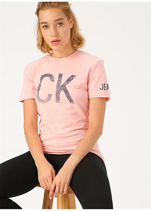 Calvin Klein Jeans Pembe Kadın T-Shirt REVERSED CK LOGO MODERN SLIM TEE 4