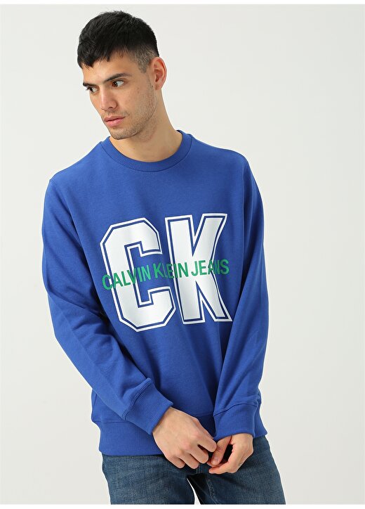 Calvin Klein Jeans Erkek Mavi Sweatshirt J30J313217 CK LARGE PRINT REG CREW 4