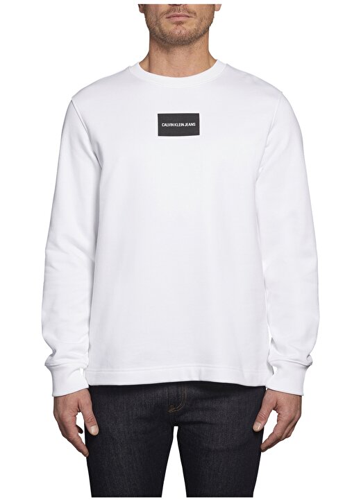 Calvin Klein Jeans Erkek Beyaz Sweatshirt J30J313188 SMALL INSTIT BOX REG CN 1