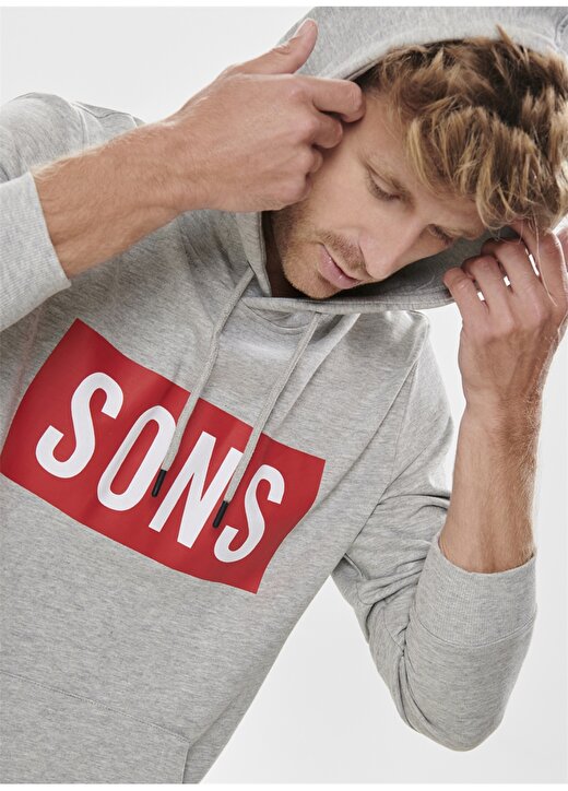 Only & Sons Gri Kapüşonlu Baskılı Sweatshirt 4