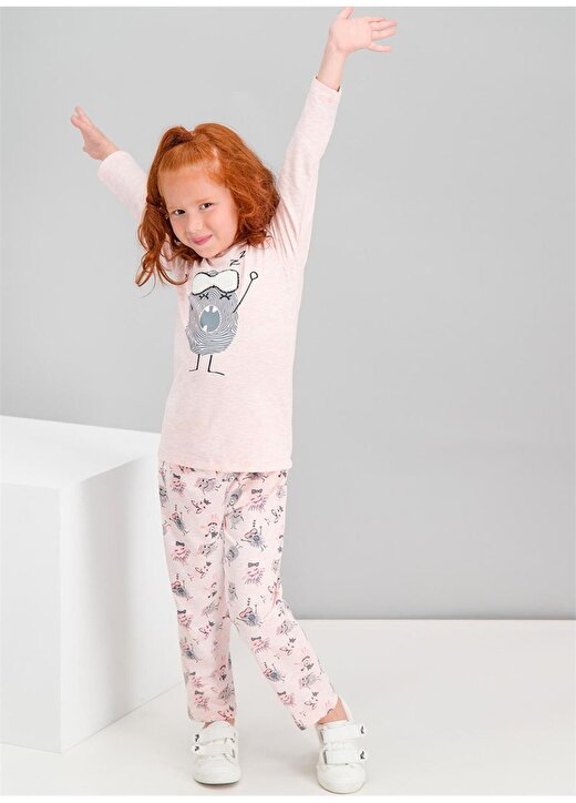 Roly Poly Baskılı Pembe Melanj Kız Çocuk Pijama Takımı 1