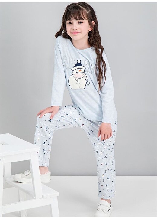 Roly Poly Baskılı Mavi Melanj Kız Çocuk Pijama Takımı 1