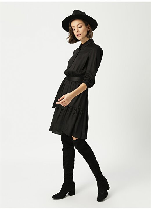Network Gömlek Yaka Uzun Kollu Kuşaklı Siyah Kadın Elbise 2