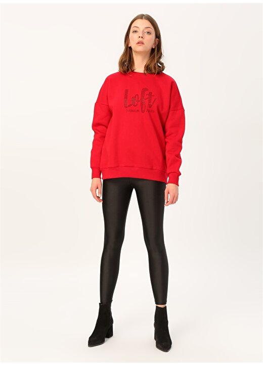 Loft LF2024684 Bisiklet Yaka Uzun Kollu Taş İşlemeli Kırmızı Kadın Sweatshirt 2