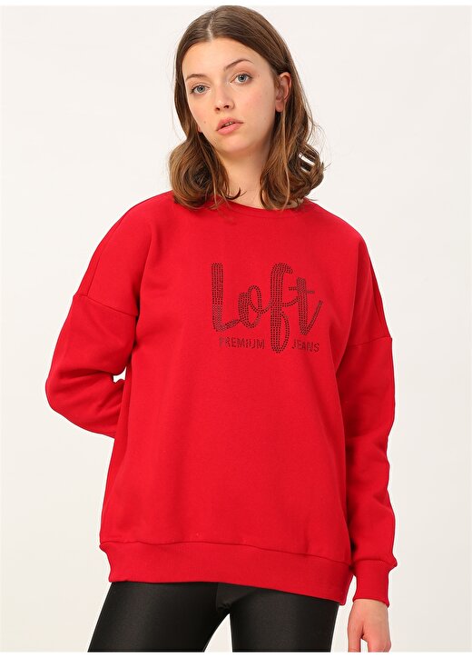 Loft LF2024684 Bisiklet Yaka Uzun Kollu Taş İşlemeli Kırmızı Kadın Sweatshirt 3