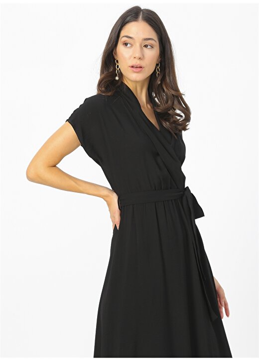 Fabrika Comfort V Yaka Düz Siyah Kadın Elbise 4