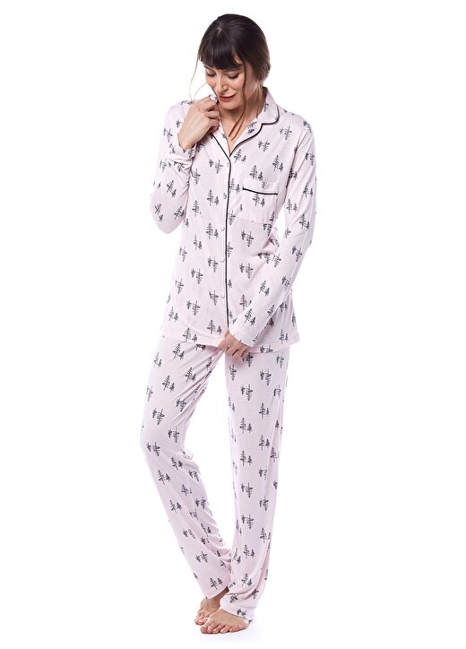 Pamuk&Pamuk Ceket Yaka Uzun Kollu Çam Desenli Pembe Kadın Pijama Takımı 1
