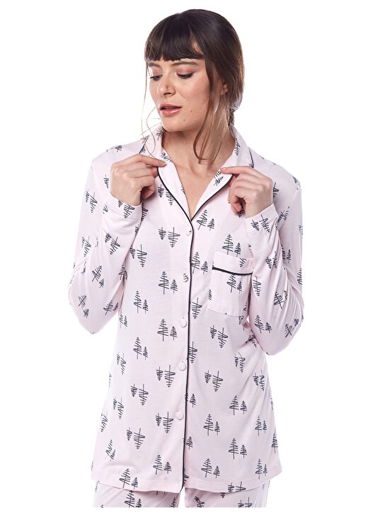 Pamuk&Pamuk Ceket Yaka Uzun Kollu Çam Desenli Pembe Kadın Pijama Takımı 2
