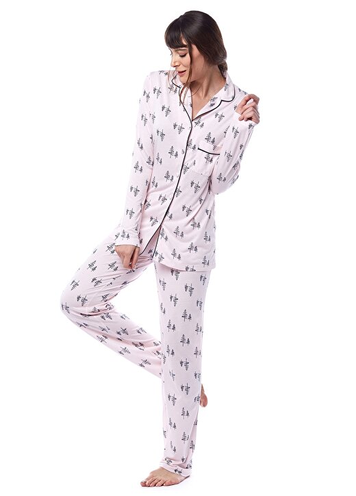 Pamuk&Pamuk Ceket Yaka Uzun Kollu Çam Desenli Pembe Kadın Pijama Takımı 3