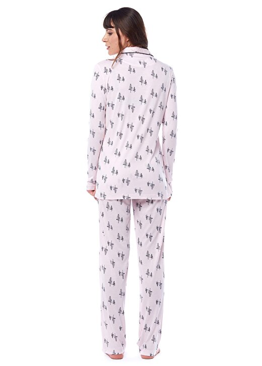 Pamuk&Pamuk Ceket Yaka Uzun Kollu Çam Desenli Pembe Kadın Pijama Takımı 4