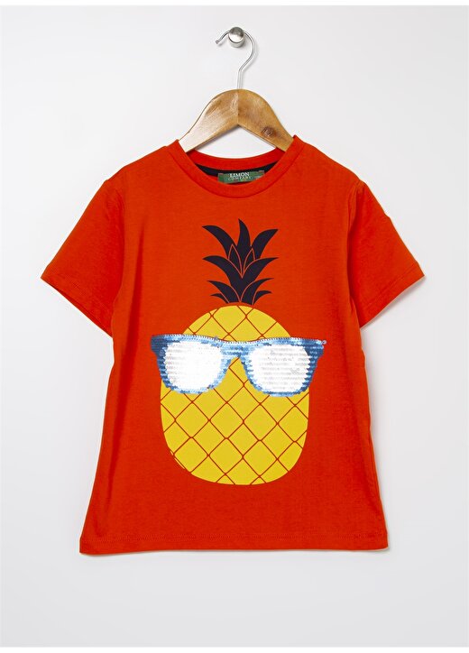 Limon Gözlüklü Ananas Baskılı Bisiklet Yaka Koyu Turuncu Erkek Çocuk T-Shirt 1