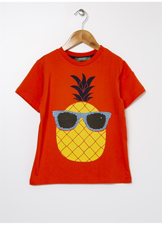 Limon Gözlüklü Ananas Baskılı Bisiklet Yaka Koyu Turuncu Erkek Çocuk T-Shirt 2