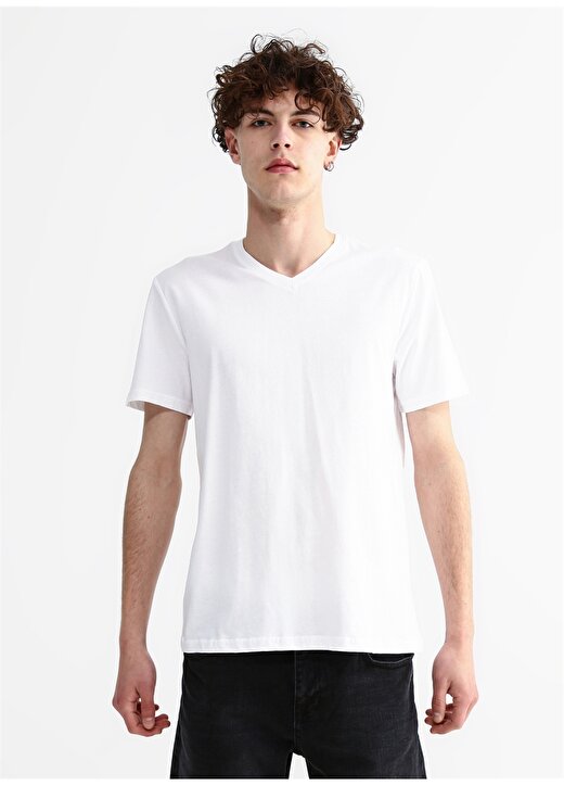 Limon V Yaka Düz Beyaz Erkek T-Shirt TOM 3