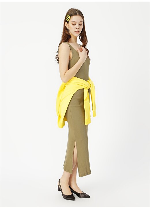 Limon Elpa Askılı Diz Altı Haki Kadın Elbise 1