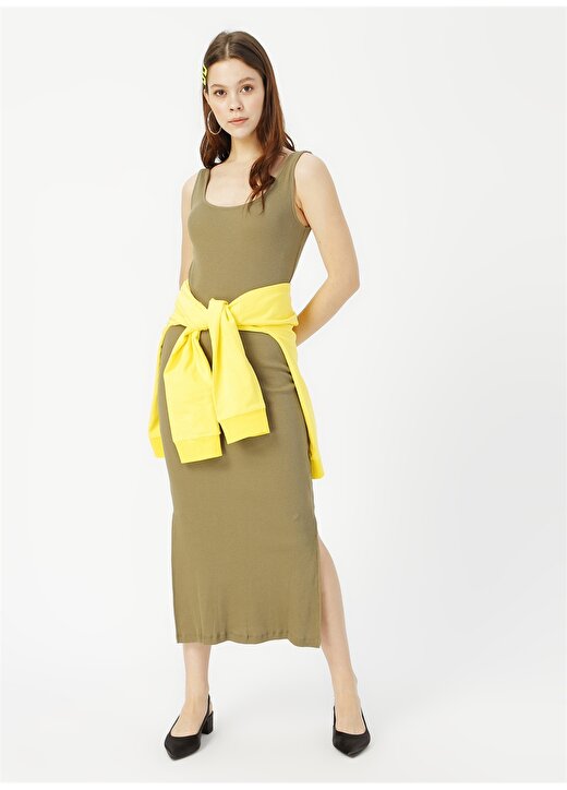 Limon Elpa Askılı Diz Altı Haki Kadın Elbise 2