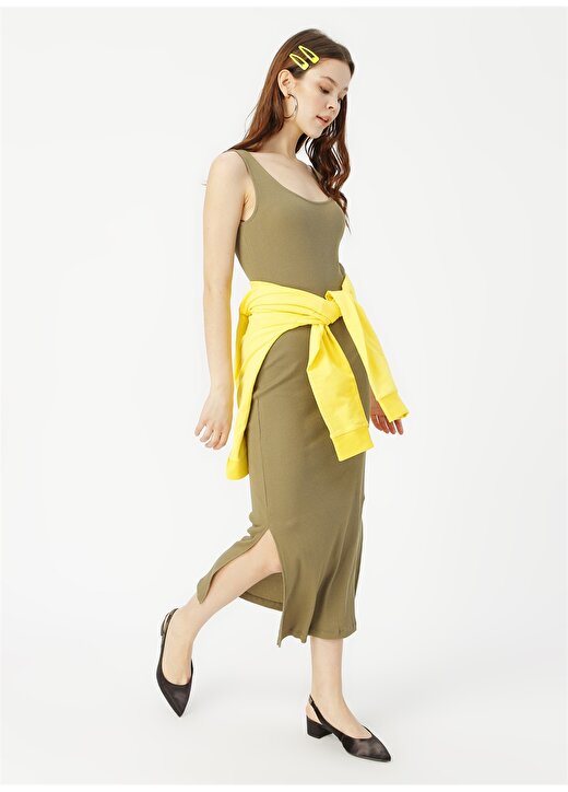 Limon Elpa Askılı Diz Altı Haki Kadın Elbise 3