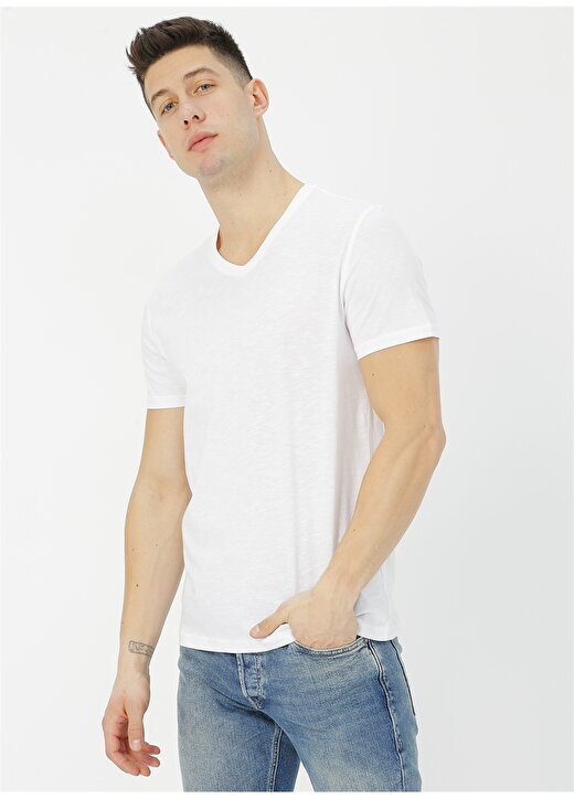 Limon V Yaka Düz Beyaz Erkek T-Shirt PAO 3