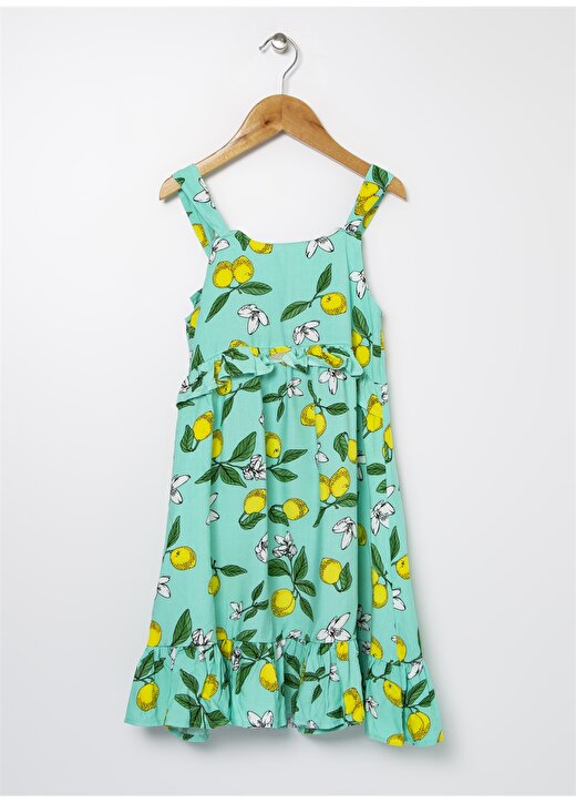 Limon Kare Yaka Askılı Kol Limon Desenli Su Yeşili Kız Çocuk Elbise 1