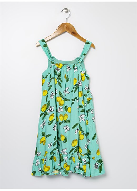 Limon Kare Yaka Askılı Kol Limon Desenli Su Yeşili Kız Çocuk Elbise 2