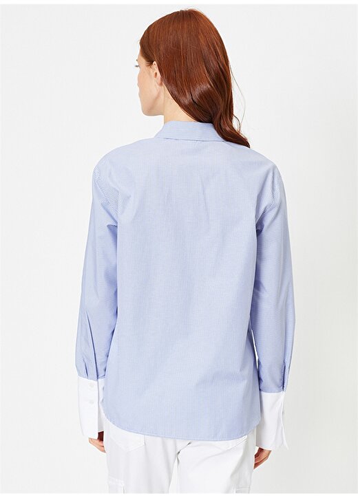 Koton Gömlek Yaka Uzun Kollu Tek Cepli Çizgili Mavi Kadın Gömlek 4