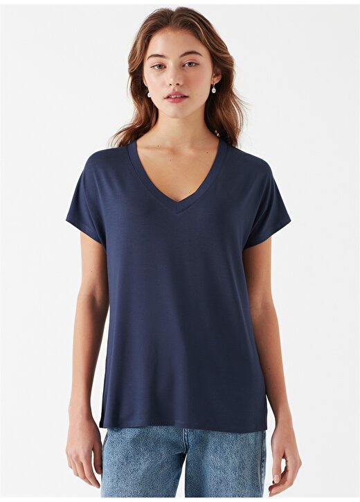 Mavi V Yaka Düz Koyu Mavi Kadın T-Shirt BASIC V YAKA PENYE Koyu Mavi 3