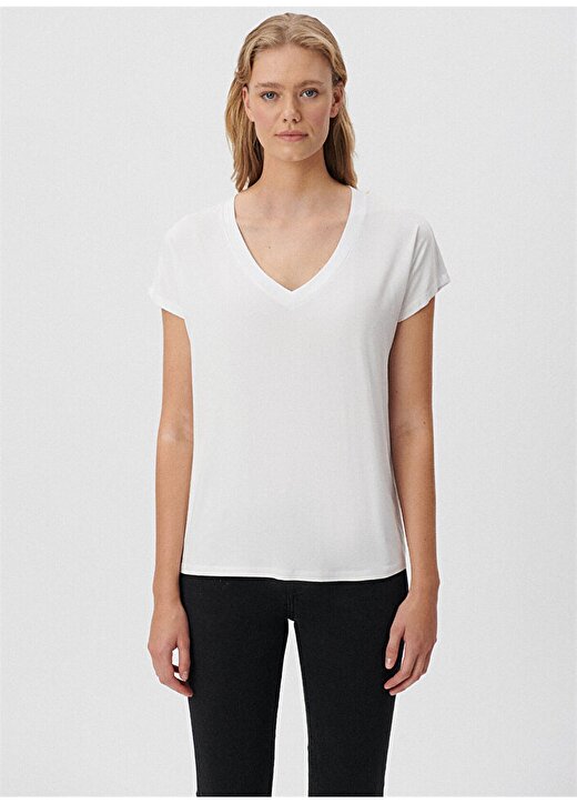 Mavi V Yaka Rahat Düz Beyaz Kadın T-Shirt 3