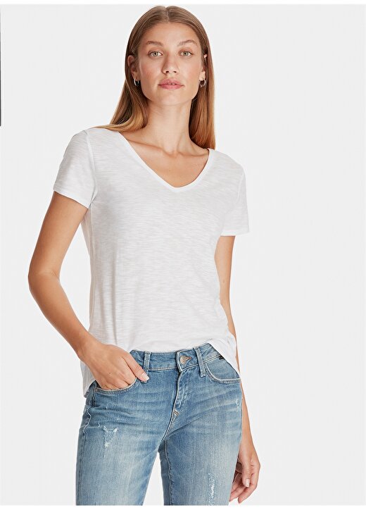 Mavi Kadın V Yaka Penye Beyaz T-Shirt 2