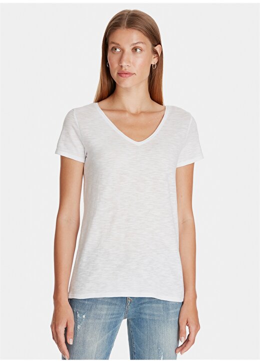 Mavi Kadın V Yaka Penye Beyaz T-Shirt 3