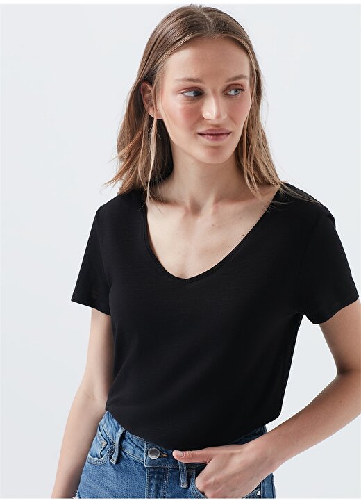 Mavi V Yaka Dar Düz Siyah Melanj Kadın T-Shirt 2