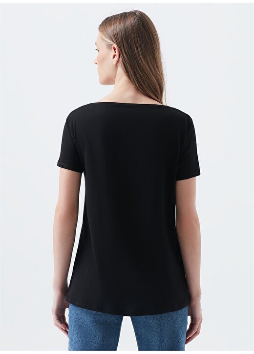 Mavi V Yaka Dar Düz Siyah Melanj Kadın T-Shirt 4