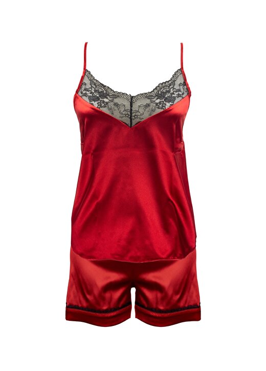 Magic Form Kırmızı Kadın V Yaka Dantel Saten Pijama Şort 17236 1