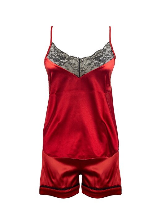 Magic Form Kırmızı Kadın V Yaka Dantel Saten Pijama Şort 17236 4