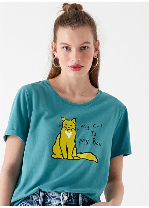 Mavi Kedi Baskılı Penye Soluk Mavi T-Shirt 2
