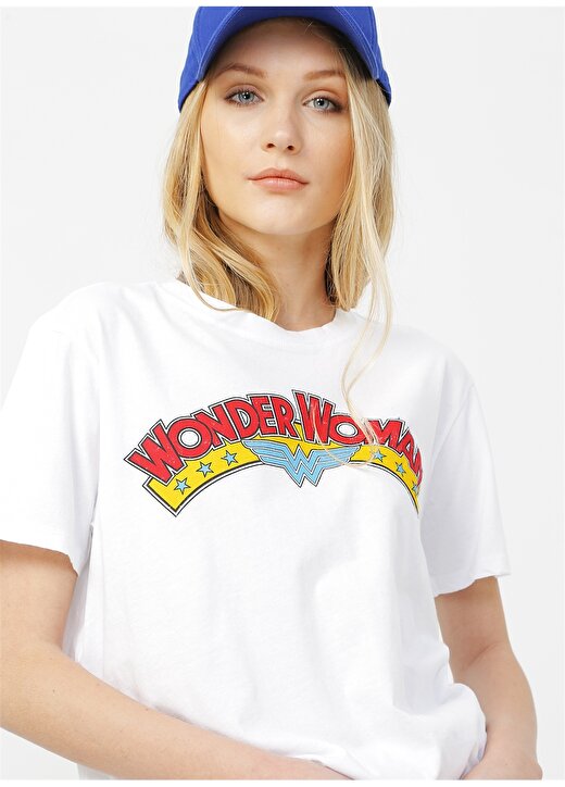 Mavi Wonder Woman Baskılı Beyaz T-Shirt 1