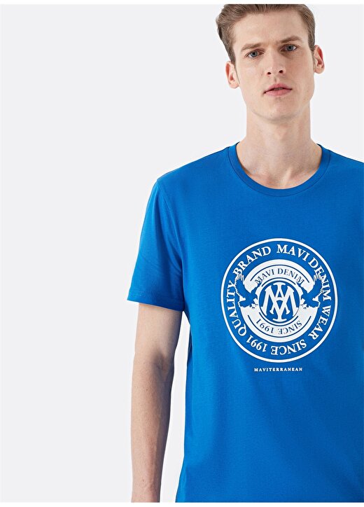 Mavi Bisiklet Yaka Kısa Kol Saks Mavi Erkek T-Shirt 2